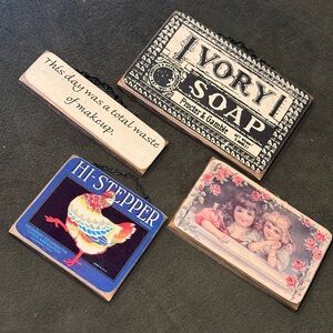 4 Vintage-Style Decorative Wall Hook Signs with chain hanger